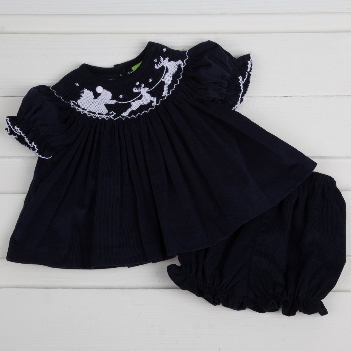 Smocked Santa Sleigh Bloomer Set Navy Corduroy