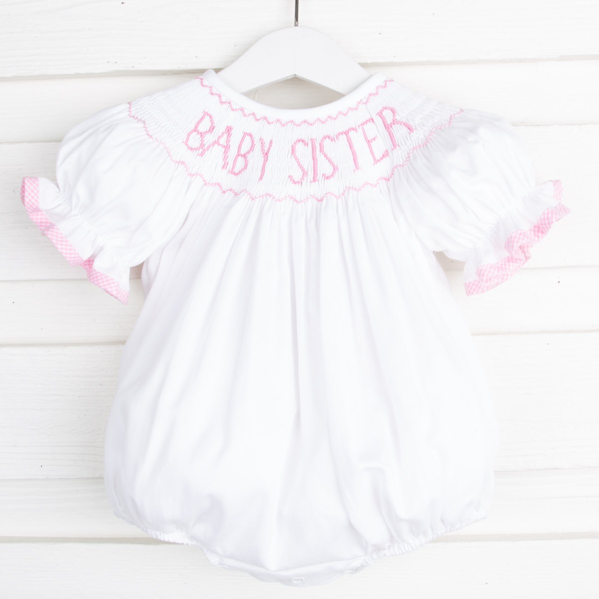 Baby Sister Smocked White Bubble with Pink – Classic Whimsy