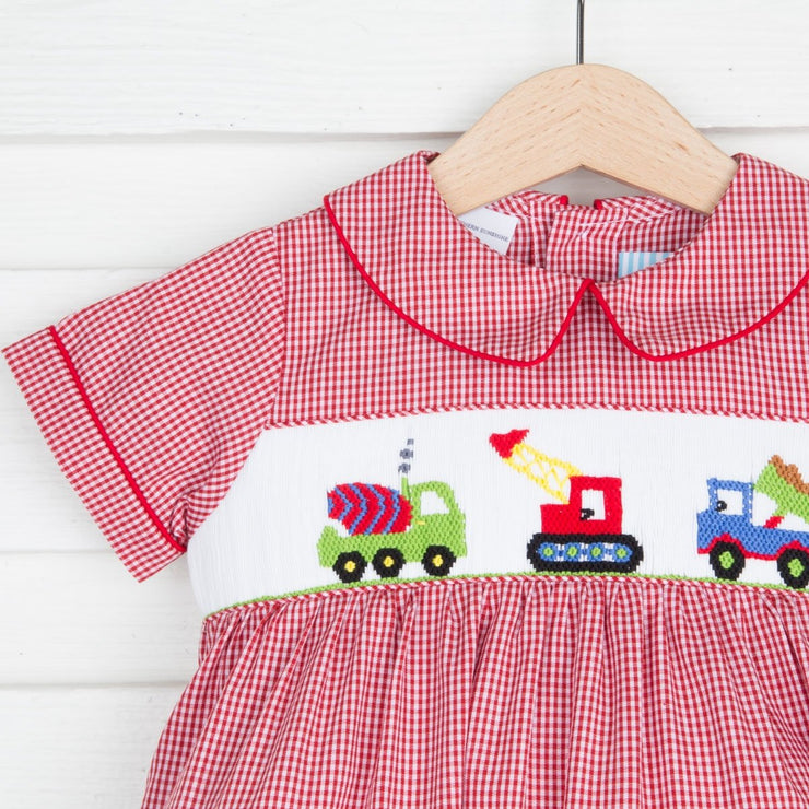Construction Truck Smocked Collared Boy Bubble Red Gingham