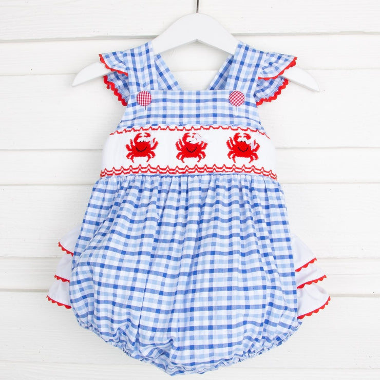 Crab Smocked Ruffle Bubble Blue Plaid