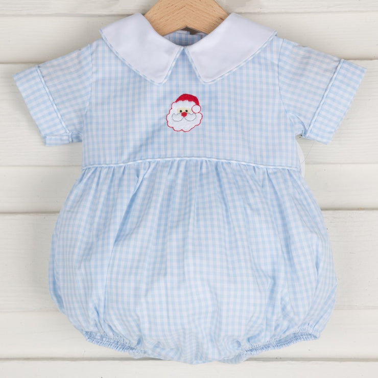 Embroidered Santa Bubble Light Blue Gingham