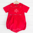 Red Corduroy Boy Bubble with Plaid Piping