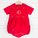 Red Corduroy Boy Bubble with Plaid Piping