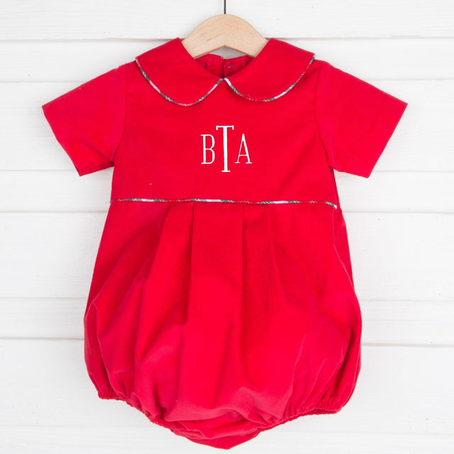 Red Corduroy Boy Bubble with Plaid Piping