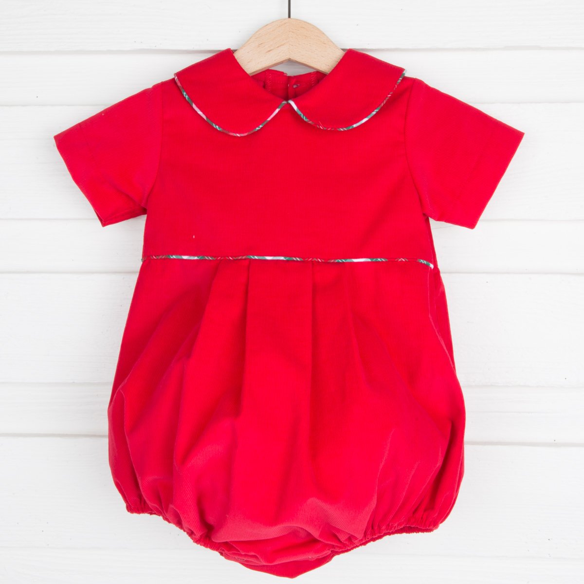 Red Corduroy Collared Bubble with Plaid Trim