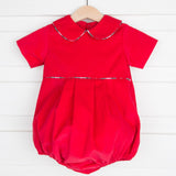 Red Corduroy Collared Bubble with Plaid Trim