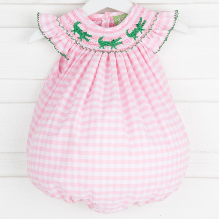 Smocked Alligator Bubble Pink Check 