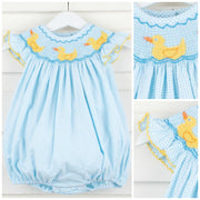 Smocked Ducky Bubble Turquoise Gingham Seersucker
