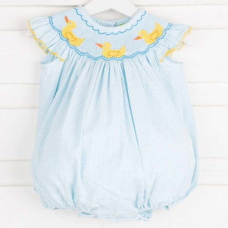 Smocked Ducky Bubble Turquoise Gingham Seersucker