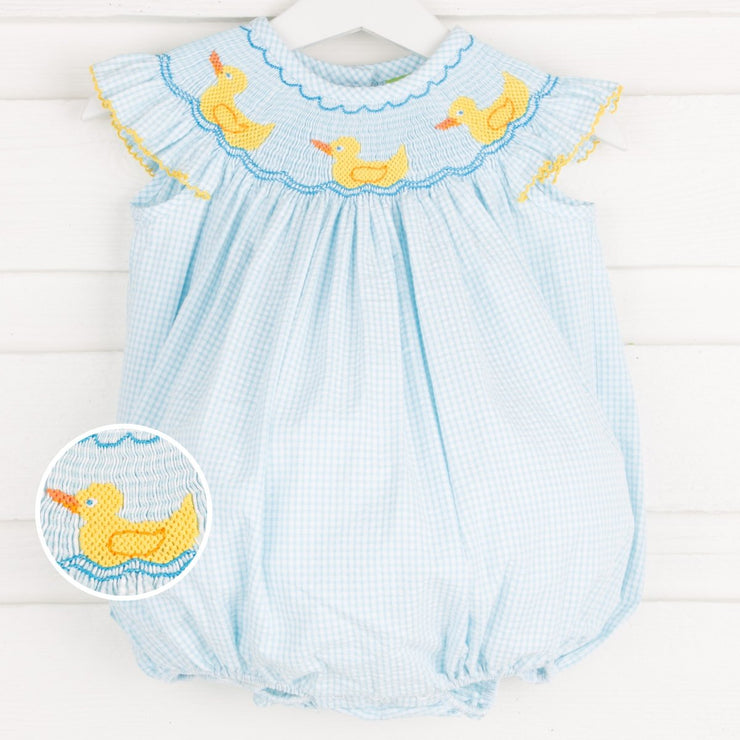 Smocked Ducky Bubble Turquoise Gingham Seersucker