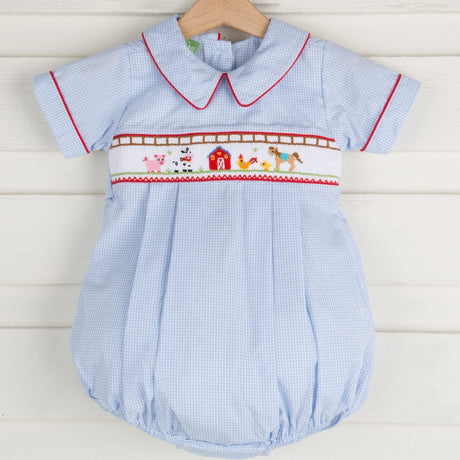 Smocked Farm Collared Bubble Light Blue Gingham 