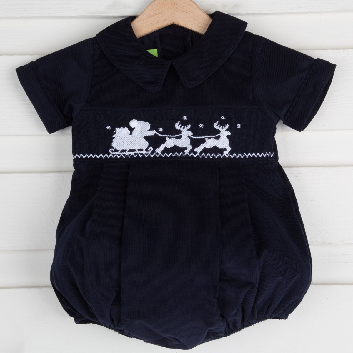 Smocked Santa Sleigh Collared Bubble Navy Corduroy