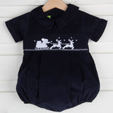 Smocked Santa Sleigh Collared Bubble Navy Corduroy