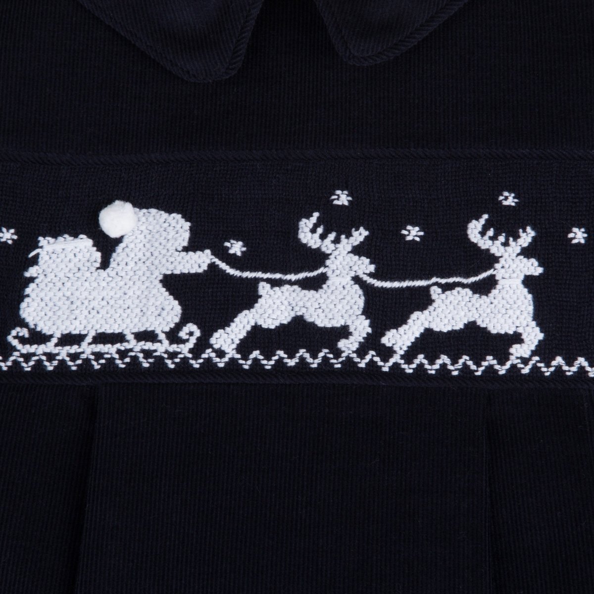 Smocked Santa Sleigh Collared Bubble Navy Corduroy 