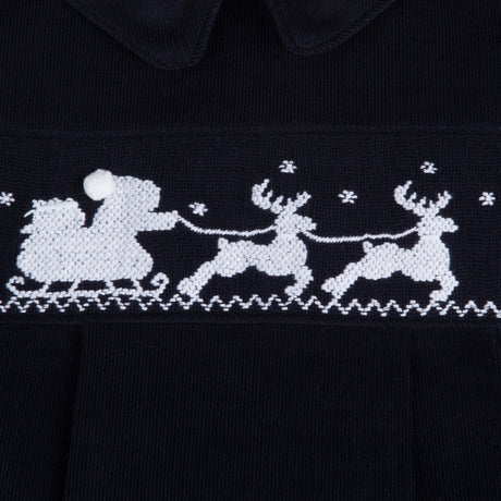 Smocked Santa Sleigh Collared Bubble Navy Corduroy 