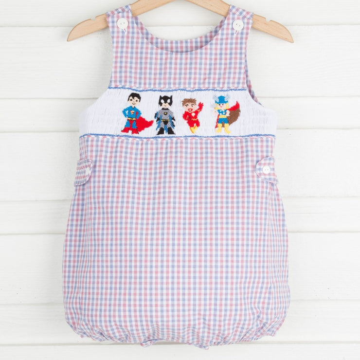 Superhero Smocked Sun Bubble Blue and Red Plaid