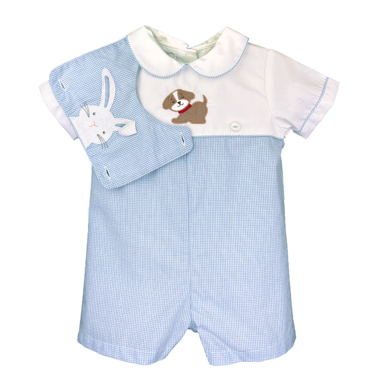 Bunny and Puppy Removable Bib Blue Shortall