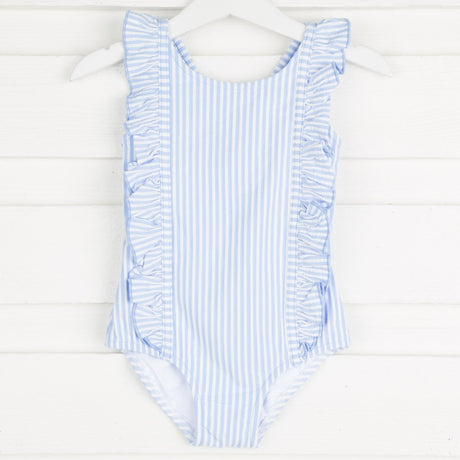 French Blue Seersucker Ruffle Swimsuit