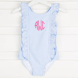 French Blue Seersucker Ruffle Swimsuit