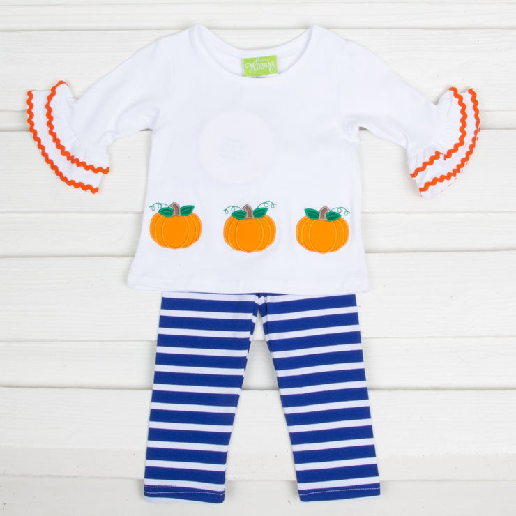 Pumpkin Ruffle Legging Set Blue and White Stripe