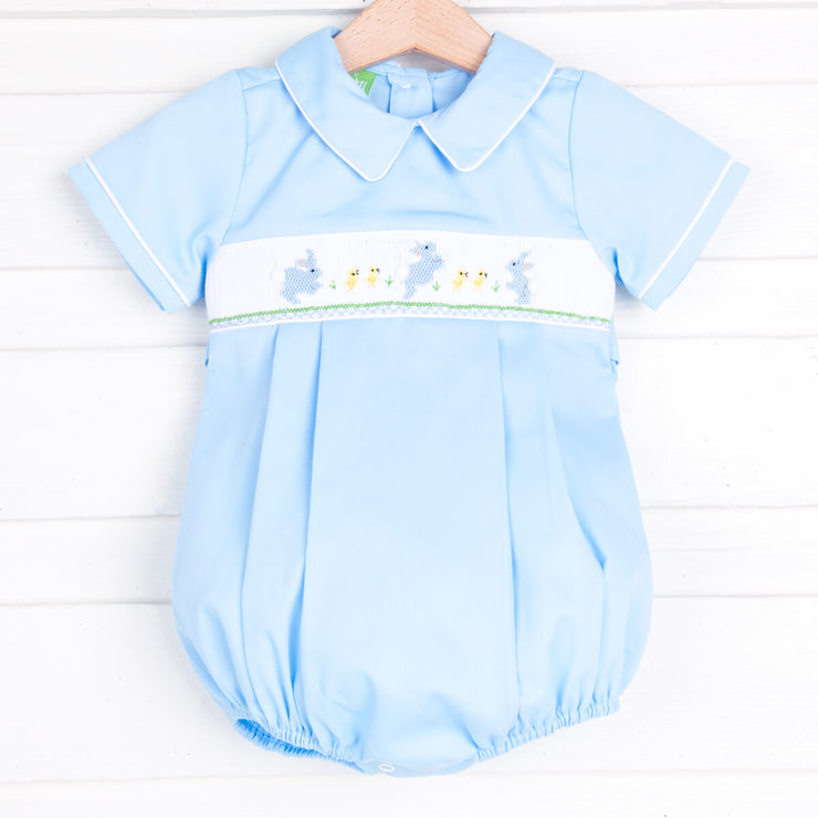 Easter Smocked Collared Boy Bubble Blue Pique