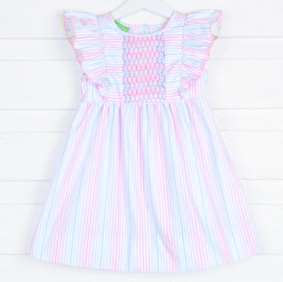 Pastel Stripe Smocked Flutter Dress