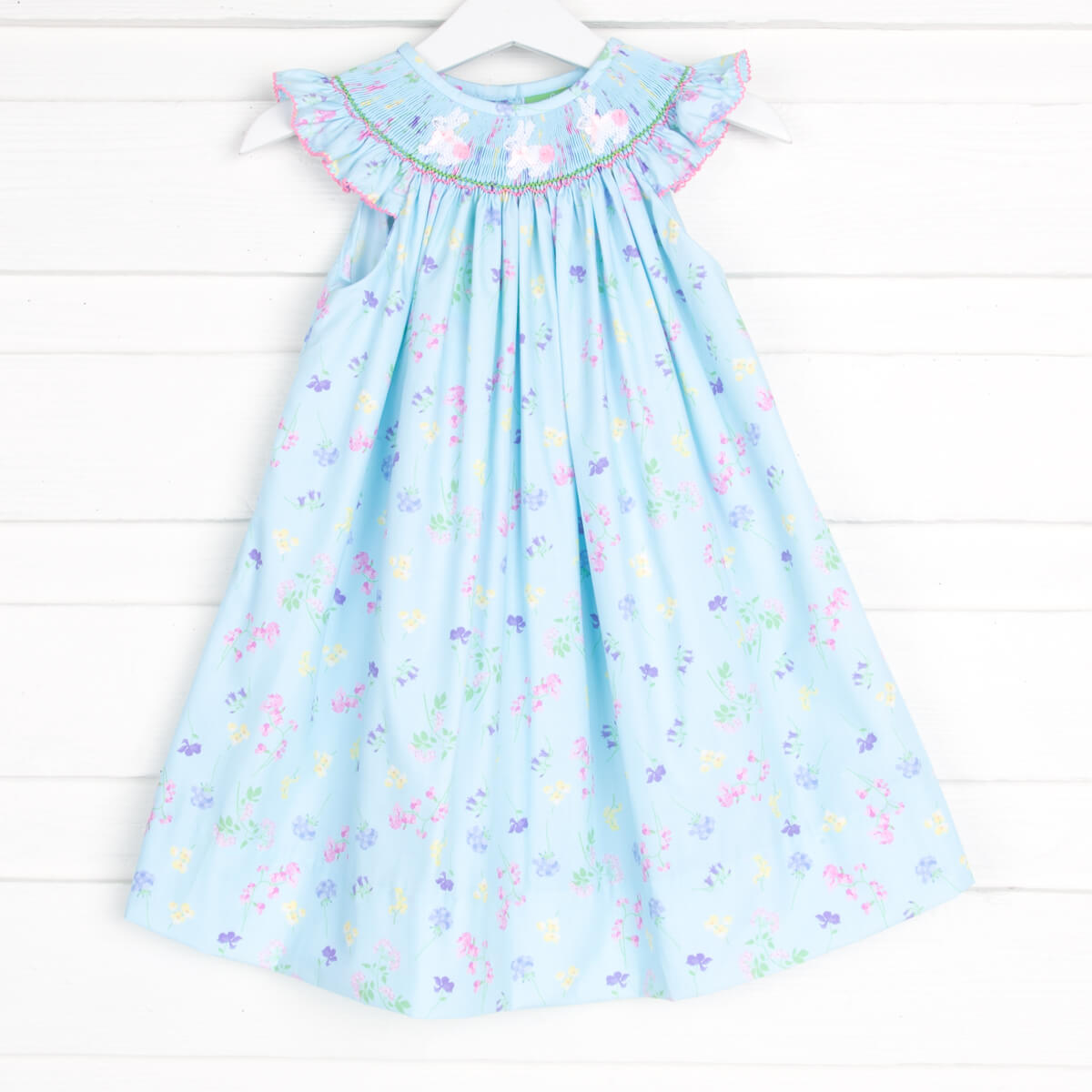 Turquoise Floral Bunny Smocked Dress