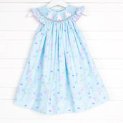 Turquoise Floral Bunny Smocked Dress