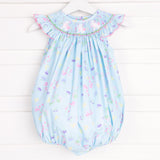 Turquoise Floral Bunny Smocked Bubble