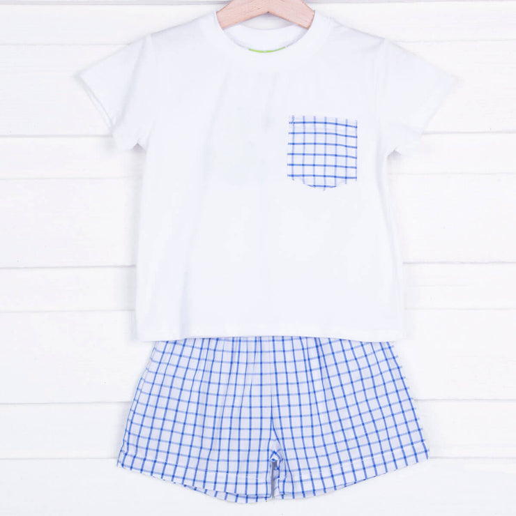 Royal Blue Windowpane Pocket Shirt Short Set