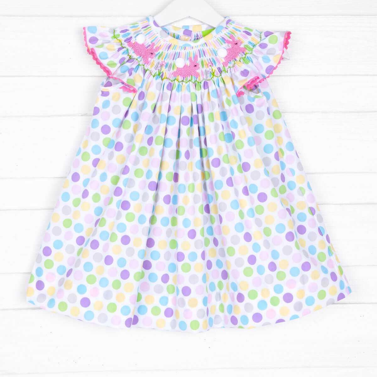 Smocked Bunny Colorful Pastel Dots Angel Sleeve Dress