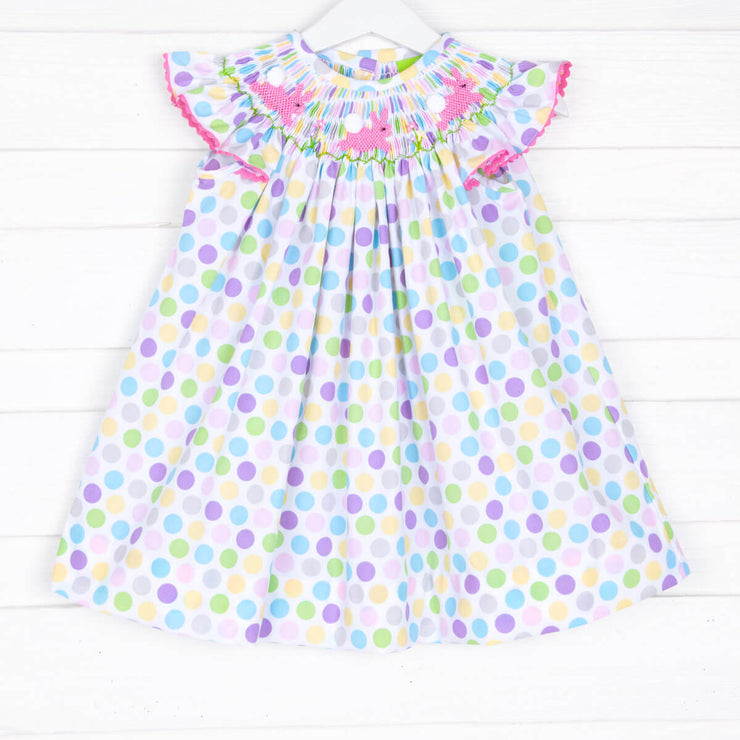 Smocked Bunny Colorful Pastel Dots Angel Sleeve Dress
