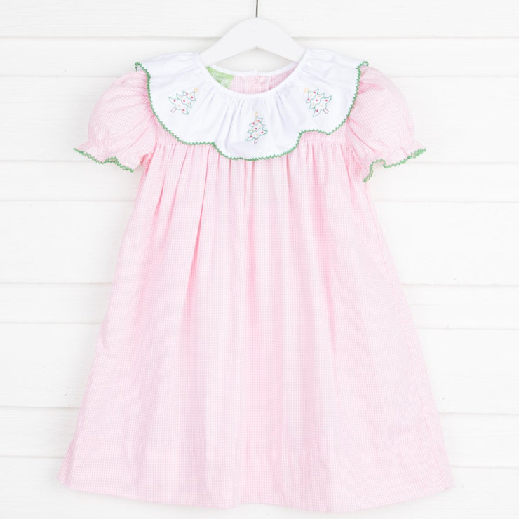 Embroidered Christmas Tree Holly Dress Light Pink Gingham
