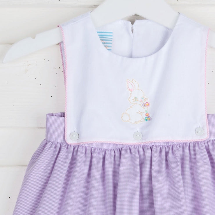 Embroidered Vintage Bunny Bib Dress Lavender Gingham