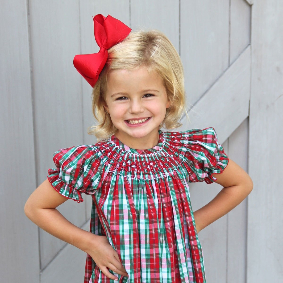 Geometric Smocked Bishop Dress Red & Green Plaid