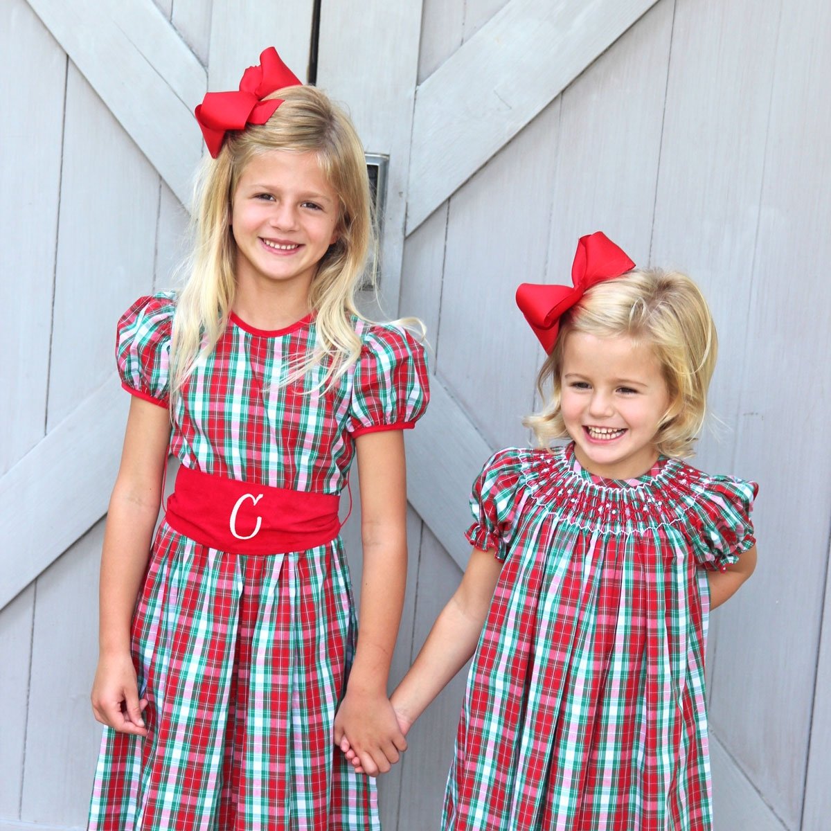 Geometric Smocked Bishop Dress Red & Green Plaid