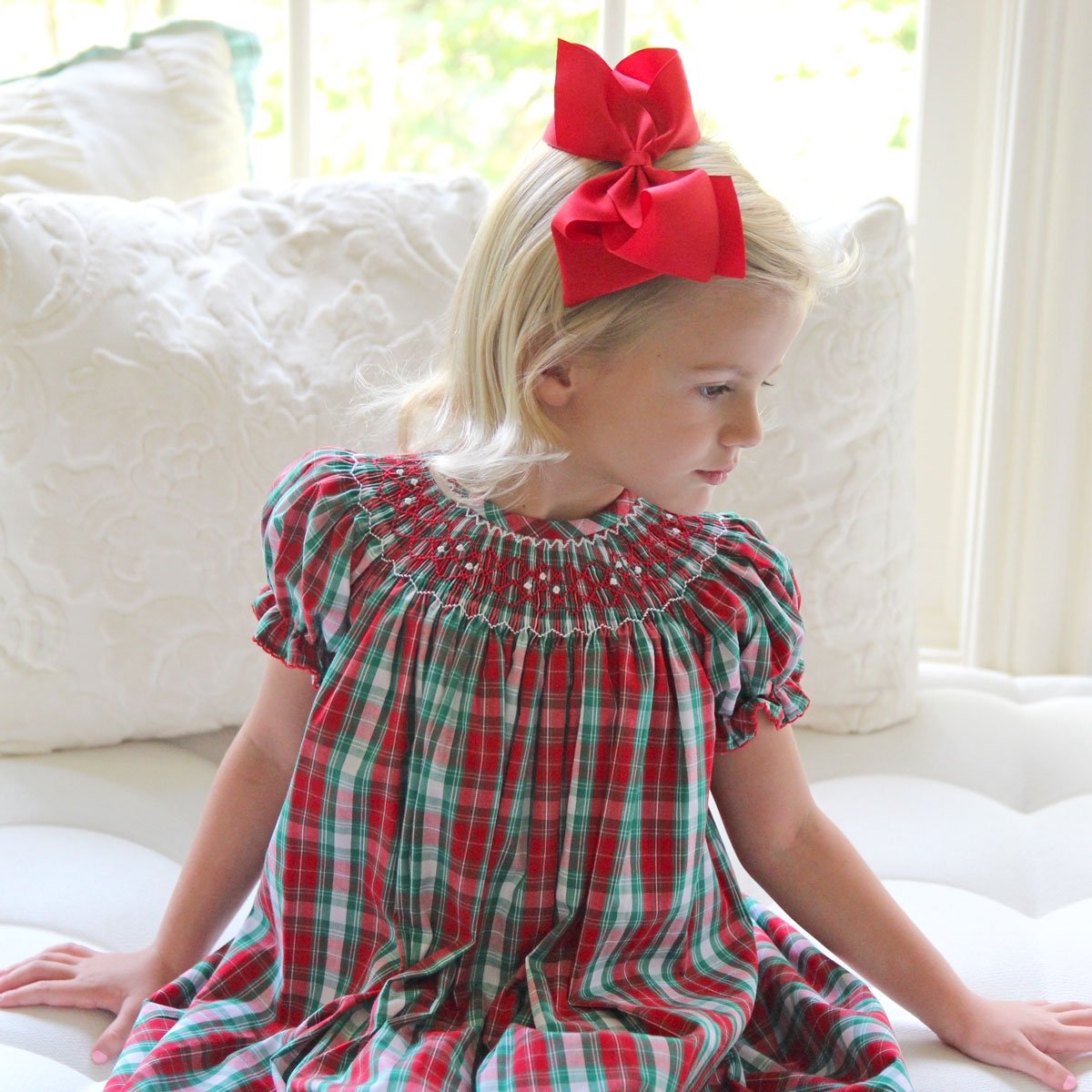 Geometric Smocked Bishop Dress Red & Green Plaid