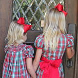 Geometric Smocked Bishop Dress Red & Green Plaid