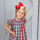 Geometric Smocked Bishop Dress Red & Green Plaid