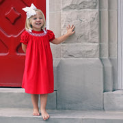 Red Corduroy Smocked Bishop Dress with Bows