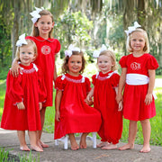 Red Corduroy Smocked Bishop Dress with Bows
