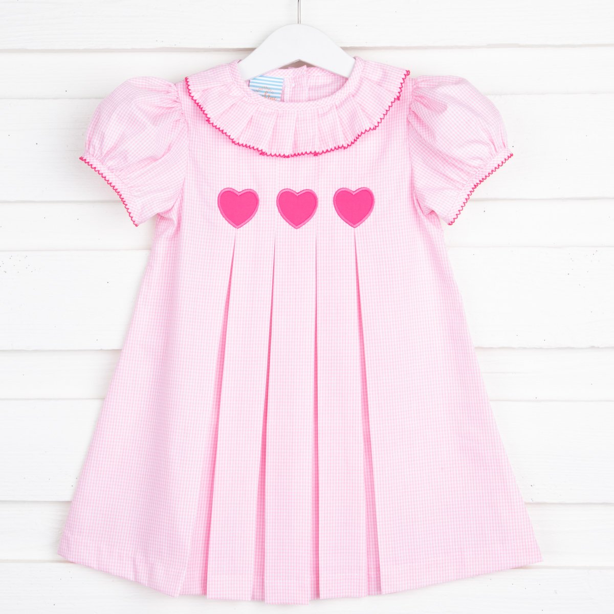 Heart Applique Pleated Collar Dress Pink Gingham