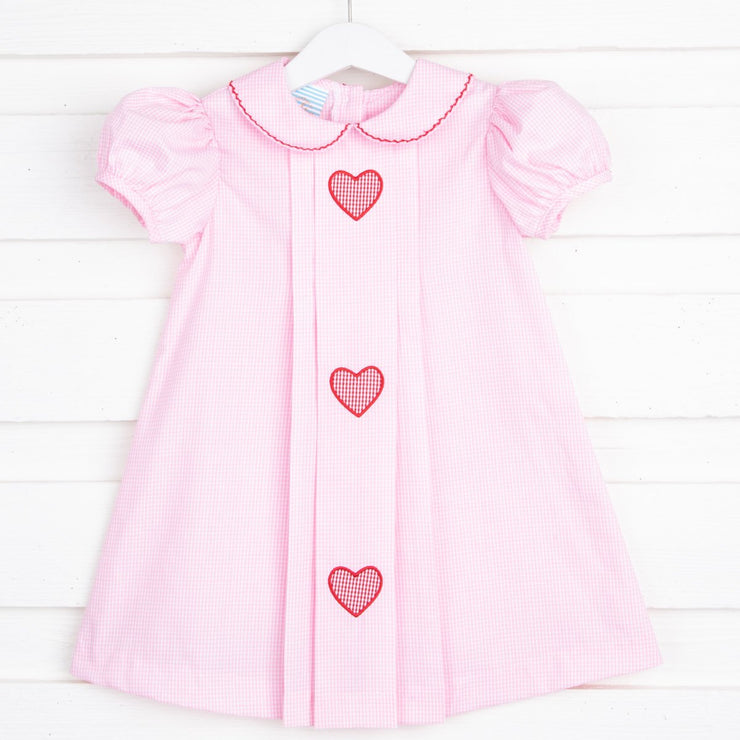 Heart Applique Pleated Dress Light Pink Gingham