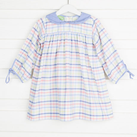 Lillian Long Sleeve Dress Blue and Coral Plaid 