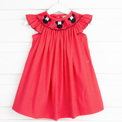 Mouse Ears Smocked Red Dotted Dress