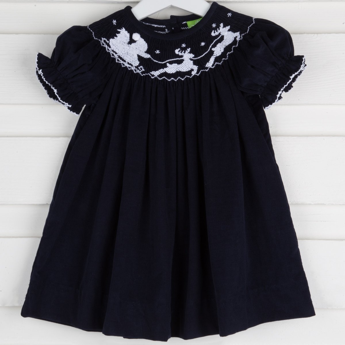 Santa Sleigh Smocked Bishop Navy Corduroy