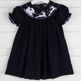 Santa Sleigh Smocked Bishop Navy Corduroy