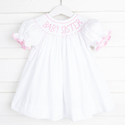 Baby Sister Smocked White Dress with Pink