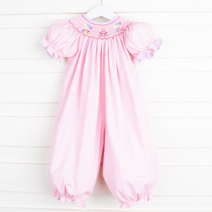 Birthday Smocked Long Bubble Light Pink Gingham