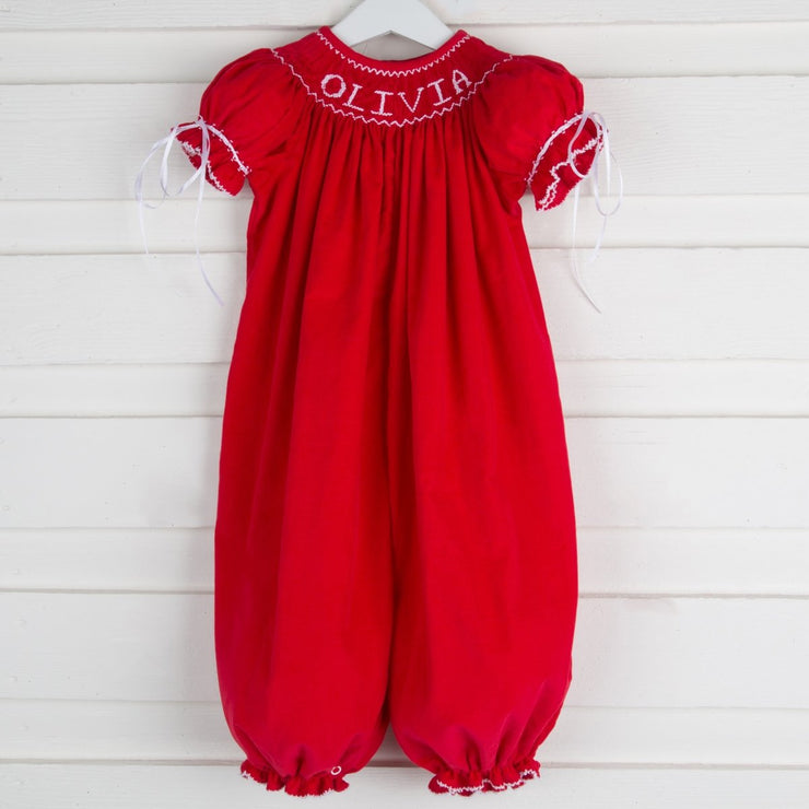 Name Smocked Long Bubble Red Corduroy